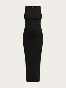SHEIN 3pcs Maternity Solid Color Ruched Casual Camisole Dress,Summer Dark Green Maternity Bodycon Long Dresses For Photoshoot,Pregnancy Tummy Control Dress - Multicolor - View 10