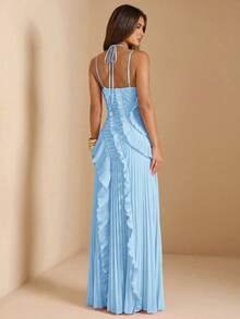 SHEIN BAE Women's Pink Halter Neck Pleated High Slit Dress, Suitable For Wedding Guest, Valentine's Day, Spring/Summer - Baby Blue - View 2
