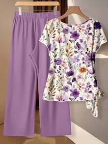 Rusticease 女士休闲波西米亚风印花衬衫搭配浅紫色长裤两件套 - 优雅浪漫复古春夏海滩度假装，完美适用于度假、热带海岛婚礼、伴娘派对、婚礼宾客、新娘送礼会、约会之夜、乡村花园漫步、母亲节礼物及波西米亚音乐节 - 彩色 - 查看 3