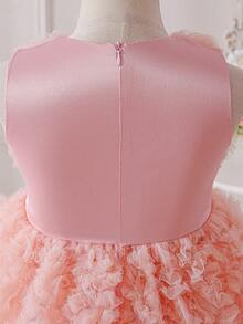 SHEIN Glamorique Kids Young Girl'Princess Dress,Blush Pink Summer Flower Girl Formal Gown,Coral Peach 3D Floral Mesh,Bow Decor,Sleeveless,Birthday Party Wedding Event Dress - Pink - View 5
