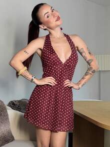 Abrilcols Romantic Polka Dot V-Neck Mini Dress For Women, Early Autumn Party - Burgundy - View 4