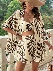 SHEIN 3pcs Maternity Pleated Camisole, Loose Shorts And Cardigan Set - Brown - View 1