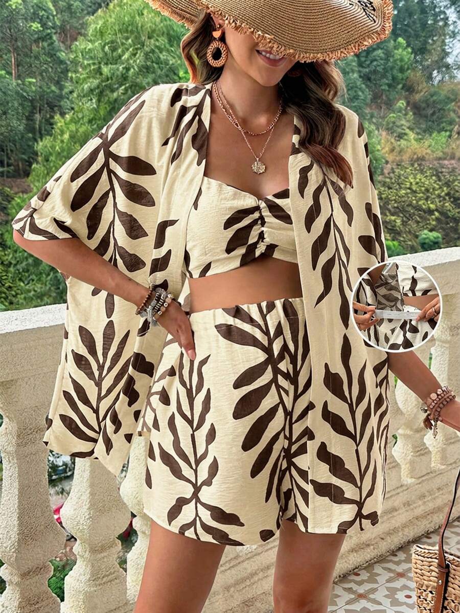 SHEIN 3pcs Maternity Pleated Camisole, Loose Shorts And Cardigan Set - Brown - View 1