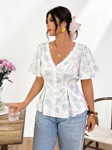 Lounesse Áo sơ mi nữ cỡ lớn cổ chữ V in hoa, kiểu dáng thường ngày đa năng. - Màu xanh lam - Xem 5