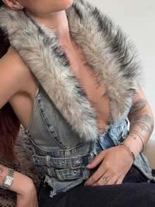 Abrilcols Y2K 女式可拆卸仿毛领牛仔夹克 - 藍色 - 查看 5