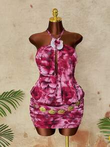Sunspun Plus Size Women's Pink Floral Mesh Boho Summer Vacation Dress, Plunge Neckline Tassel Tie Waist Bodycon Mini Dress,Holiday Beach Casual Maxi Dress - Multicolor - View 8