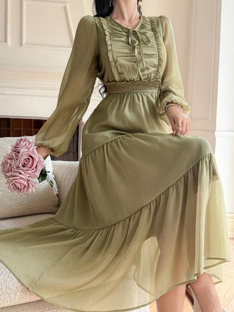 Women's Elegant Solid Color Frill Trim Petal Sleeve Mid-Length Dress, Summer,Wedding Guest Dress Women Sundress