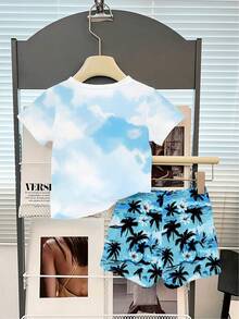 2pcs/Set Baby Boy Outfit, Fashionable Minimalist Sunglasses, Letter Print T-Shirt, Palm Tree Print Shorts, Suitable For Summer Outings - Multicolor - View 3