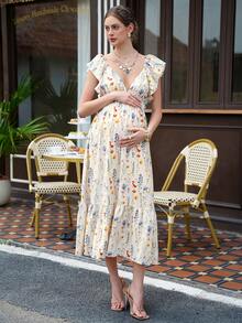 Momance Maternity Stylish Backless Print Dress - Multicolor - View 3