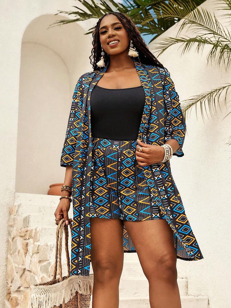 Plus Size Women Geometric Pattern Open Front Robe And Shorts Kimono 2 Pieces Set Summer Summer Outfits Spring Clothing Spring Outfit Festival Outfits For Women Beach Outfit For Women Vacation Outfits Women Holiday Outfits For Women Summer Holiday Outfits Country Concert Outfit Women's Country Clothing Casual Sets For Women Ladies Suits