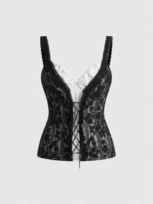 Sweetness Women's Vintage Y2K Sexy V-Neck Lace 2 In 1 Front Tie Camisole, Spring/Summer Golf White - Black and White - View 1