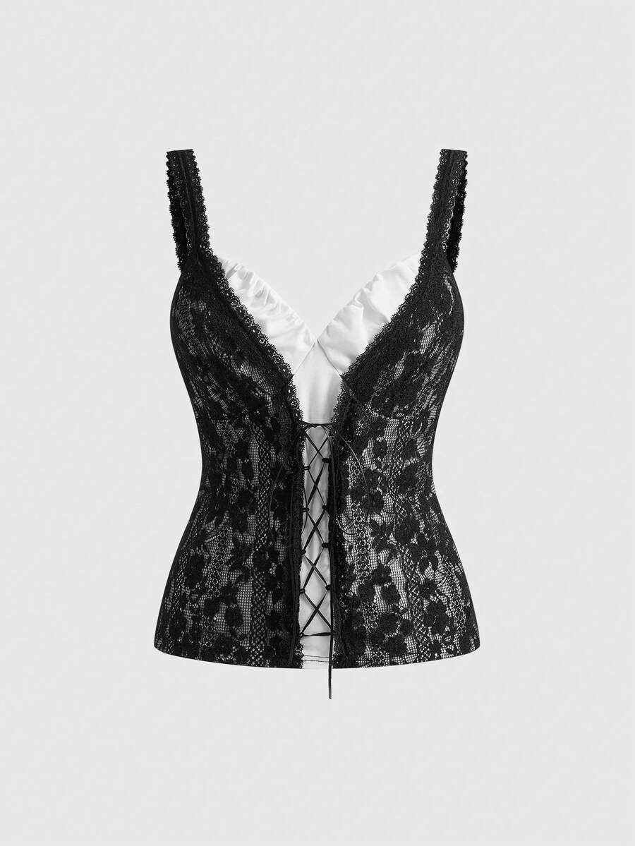 Sweetness Women's Vintage Y2K Sexy V-Neck Lace 2 In 1 Front Tie Camisole, Spring/Summer Golf White - Black and White - View 1