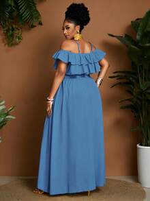 Maweii Plus Size Women Vacation Solid Color Ruffle Off Shoulder Elegant Dress - Blue - View 7