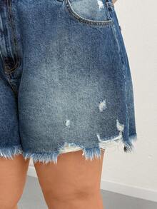 SHEIN Cottnline Denim Mini Short High Waist Plus Size Washed Blue - Medium Wash - View 4