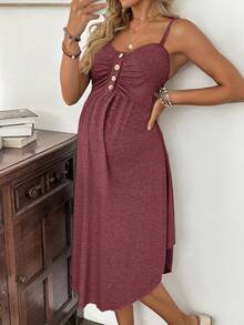 Cheriluna Maternity Maternity Summer Casual Vacation Solid Color Ruched Bust Button Decor Nursing Slip Dress - Burgundy - View 4