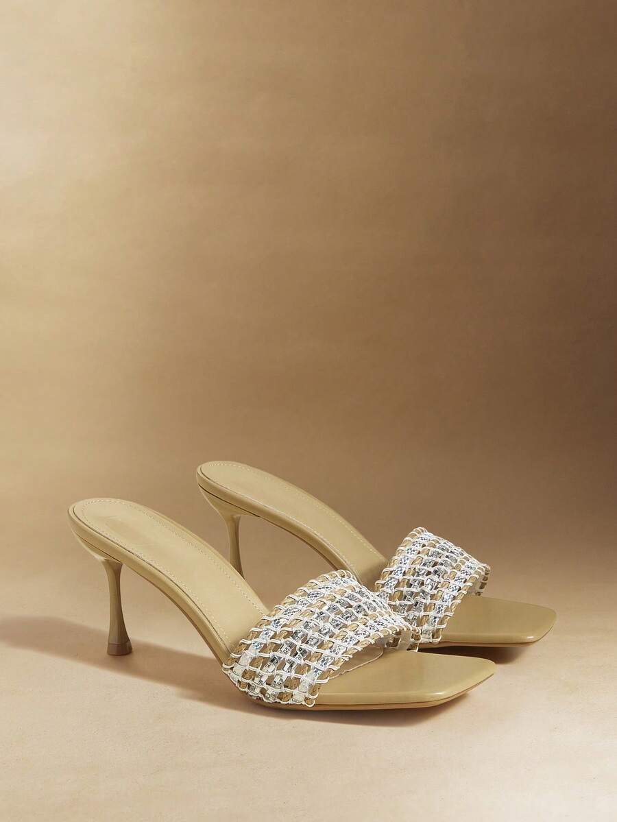 Rosivie Damen Schuhe mit quadratischer Zehenkappe, dünner hoher Absatz, apricotfarbener Geflecht-Slip-On, elegante französische Damen Hochabsatz Sandalen Pantoffeln, vielseitig tragbar für Röcke, Alltag und Bankette - Aprikosenfarben - Übersicht 1