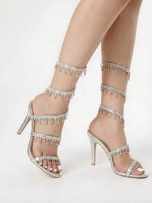 ROMWE Grunge Punk Giày cao gót Stiletto cho nữ, thời trang tối giản quai dán đá Rhinestone, mũi tròn, kiểu dáng cơ bản cho mùa hè và mùa thu - Bạc - Xem 1