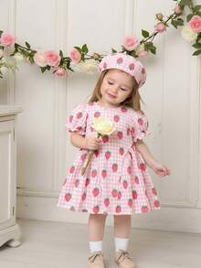 Souflis Souflis 女宝宝夏季可爱清新格子雏菊印花蓝色连衣裙和配套贝雷帽两件套，经典格子印花搭配时尚廓形，适合宝宝日常穿着和外出活动。 - 粉色 - 查看 1