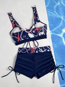 Swim Lushoire Conjunto de bikini con estampado de conchas multicolor y cordón frontal, adecuado para la playa y el resort - Multicolor - Ver 6