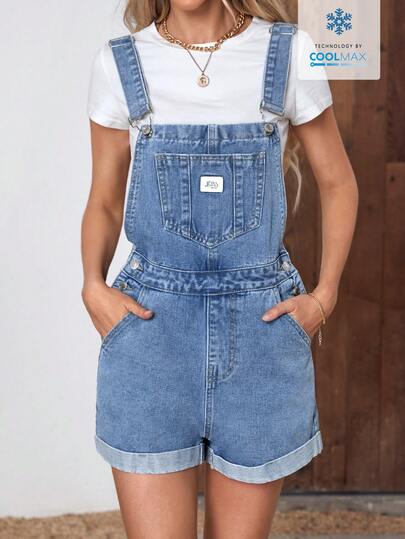 EMERY ROSE Women's Summer Casual Pocket Rolled Hem Denim Bib Pants