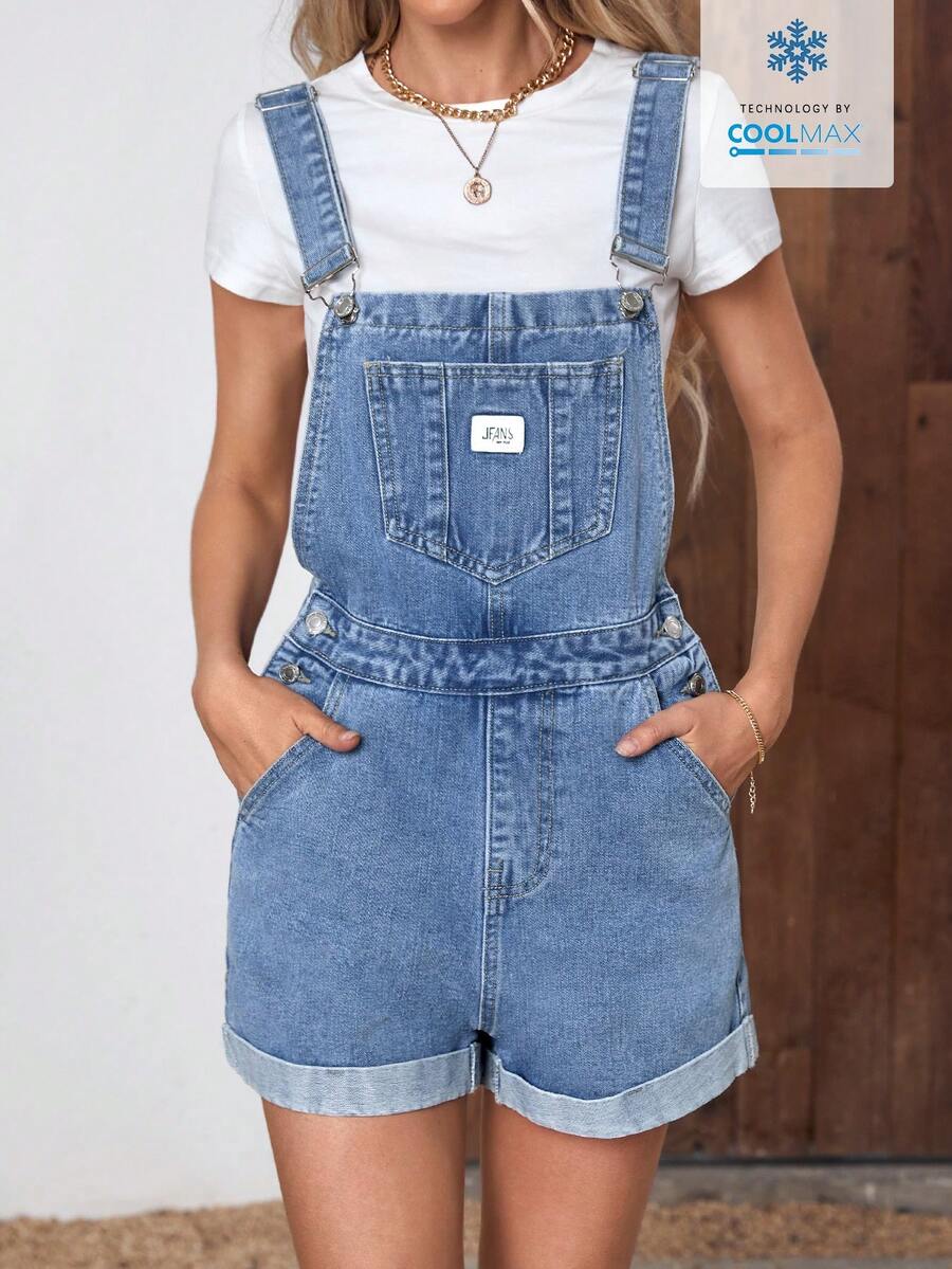 EMERY ROSE Women's Summer Casual Pocket Rolled Hem Denim Bib Pants - Light Wash - View 1