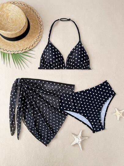 SHEIN Teen Girls 3-Piece Bikini Set, Black Floral Halter Triangle Top, Triangle Bottom, Sarong, Fashionable Casual Elegant Swimwear Suitable For Swimming, Vacation, Summer