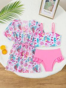 女孩美人鱼印花比基尼套装，3件套 - 柔软亲肤面料，细肩带露脐上衣，荷叶边三角泳裤，网纱罩衫，适合游泳、海滩、泳池、夏季度假 - 彩色 - 查看 1