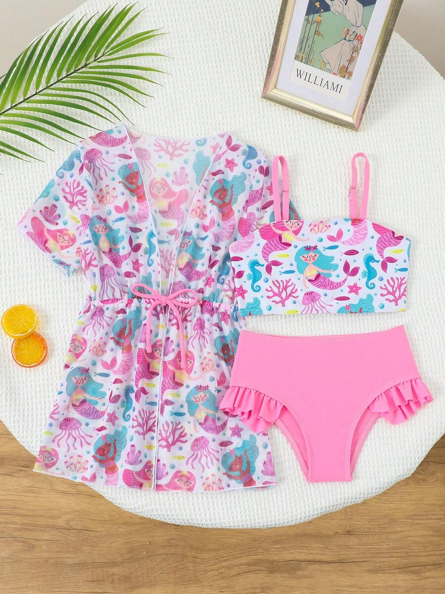 女孩美人鱼印花比基尼套装,3件套 - 柔软亲肤面料,细肩带露脐上衣,荷叶边三角泳裤,网纱罩衫,适合游泳、海滩、泳池、夏季度假 - 彩色 - 查看 1