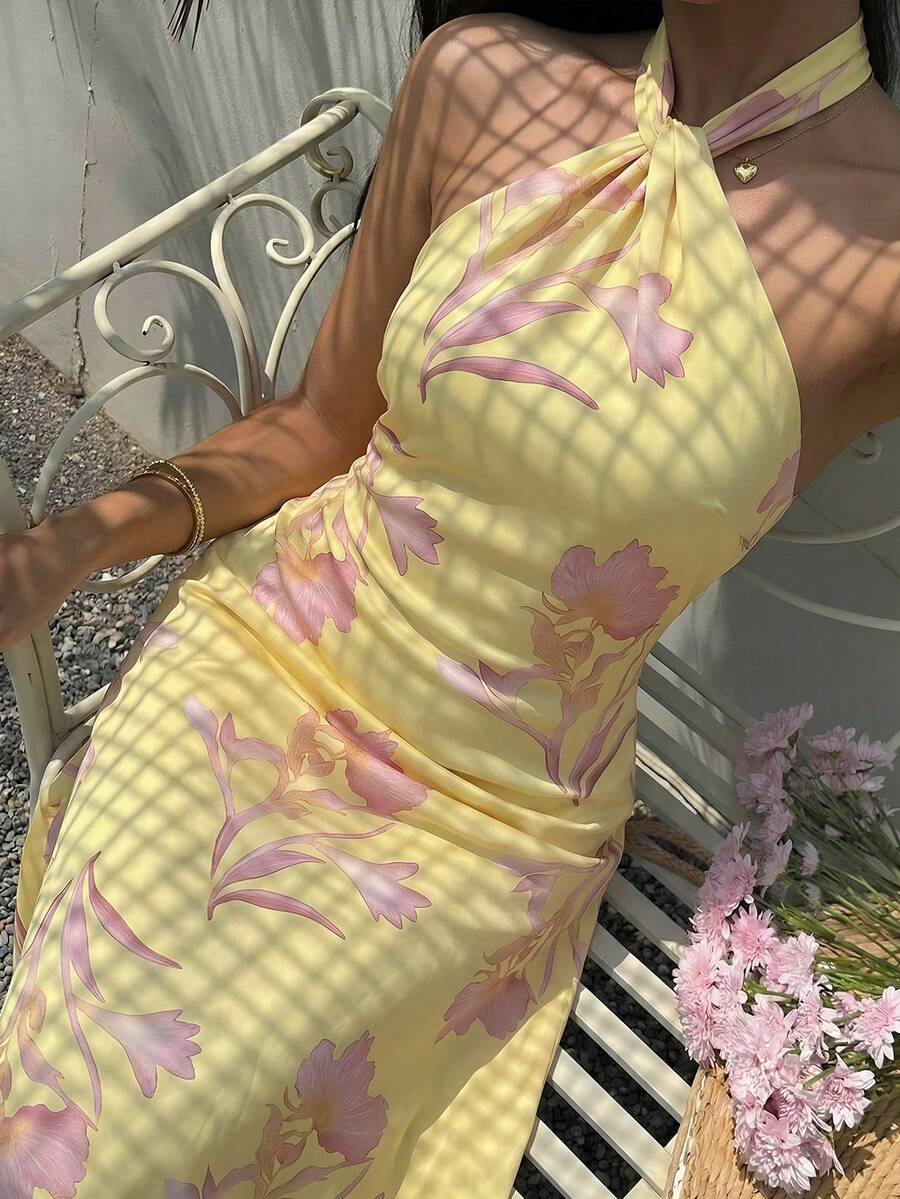 Firerie 女士优雅休闲度假派对浪漫约会宽松露背连衣裙，黄色 - 彩色 - 查看 1