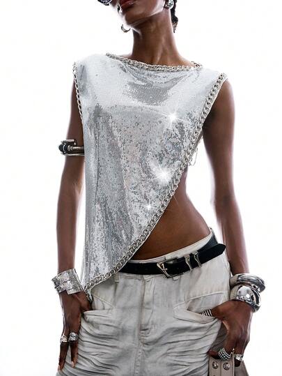 LYSMO 女士朋克亮片链条装饰不对称下摆背心，适合演唱会穿着