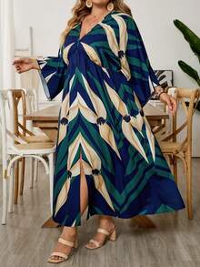 SHEIN CURVE+ Plus Size Women's Vacation Green Plant Print 3/4 Sleeve Dress - Multicolor - View 7