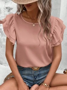 SHEIN Clasi 大码女式双层荷叶袖夏季衬衫，商务休闲女装 - 藕粉色 - 查看 1