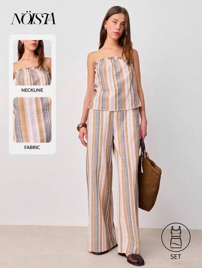 Nöista 条纹露肩两件套上衣搭配同款高腰阔腿裤。两件套，协调搭配，适合春季、夏季海滩穿着。