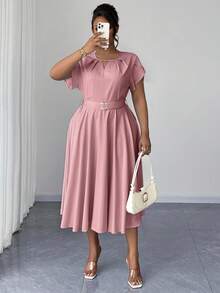 Maweii Modern Plus Size Pink A Line Dress Women's Elegant Keyhole Neck Batwing Short Sleeve Midi Flared Plain Cut Out Design - Pink - View 3