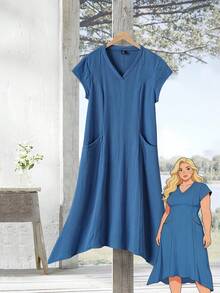 Rusticease Plus Size Women Blue Short Sleeve Casual Dress, Early Spring - Blue - View 1