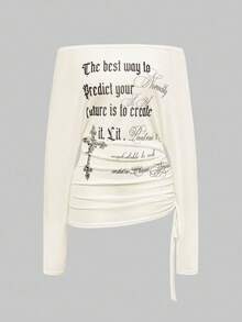 ROMWE Avant Blusa transparente de manga larga con hombros descubiertos, estampado de letra cruzada, estilo retro Y2K, romántico y punk para mujer - Albaricoque - Ver 5