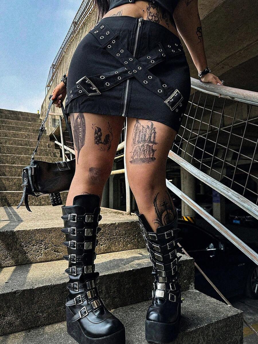 SHEIN Whyspr Chân váy chữ A dáng suông, khóa kéo phía trước, chất liệu dệt họa tiết đục lỗ, dành cho nữ cỡ lớn, thích hợp cho mùa xuân/hè. - màu đen - Xem 1