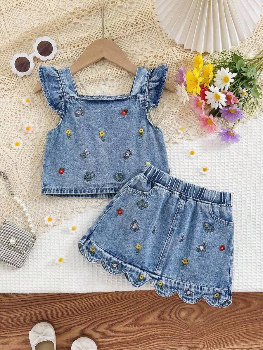SHEIN 2pcs/Set Toddler Girls' Colorful Floral Embroidery Light Blue Denim Square Collar Top And Skirt - Light Wash - View 1
