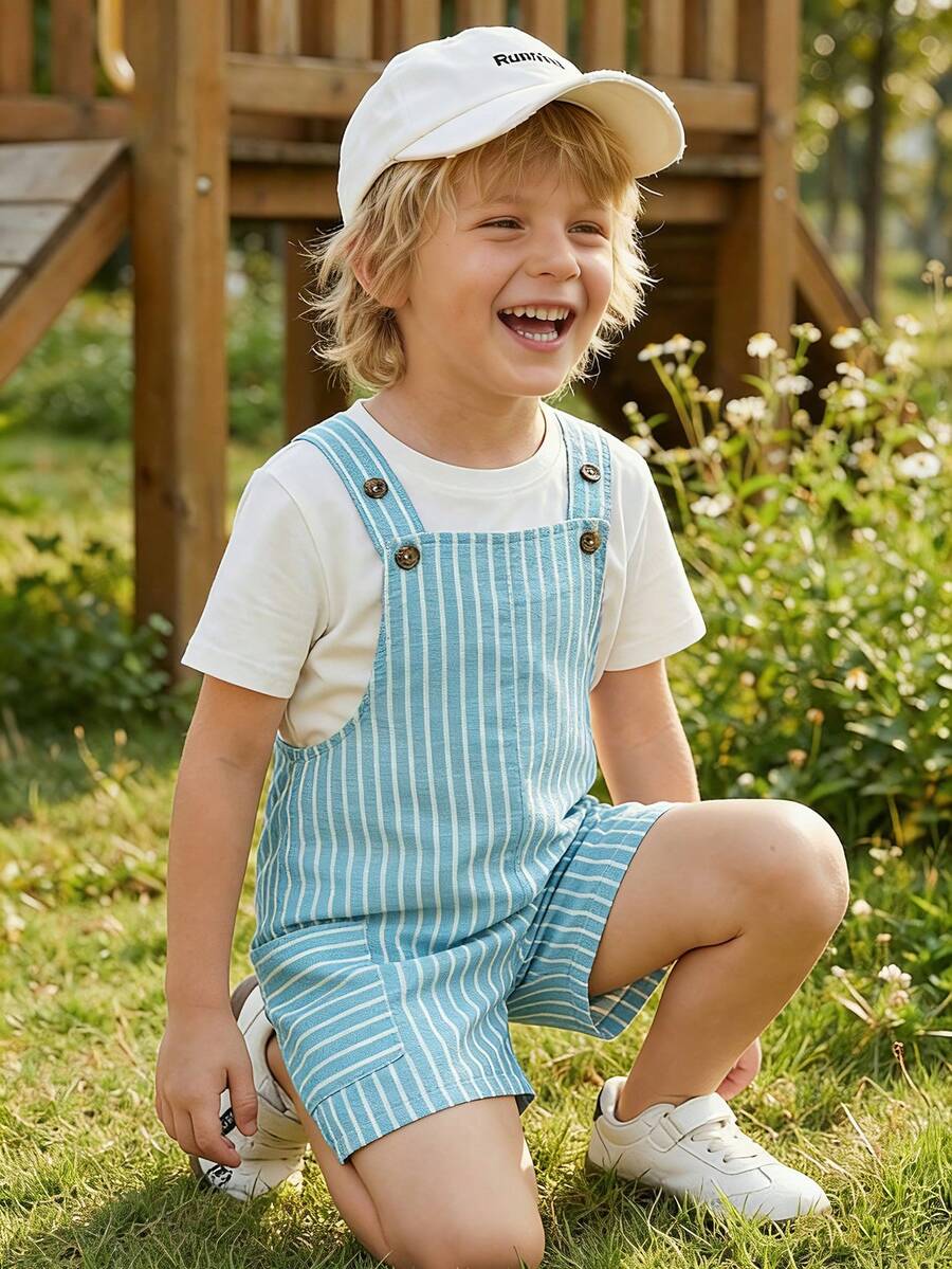 SHEIN Genkimix Kids 小男孩條紋休閒復古極簡舒適百搭吊帶褲,夏季男孩背帶褲 - 藍色 - 查看 1