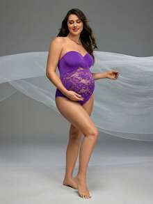 Cheriluna Maternity Bộ áo liền quần cúp ngực màu trơn tương phản ren dành cho bà bầu mùa hè, thích hợp chụp ảnh. - Màu tím - Xem 6