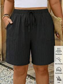 SHEIN LUNE 大码女式抽绳腰带口袋舒适休闲短裤，适合海滩度假、机场出行、夏季返校季等场合。黑色女式休闲短裤，适合夏季返校季穿着。 - 黑色 - 查看 1