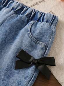 SHEIN Playful Pals 女婴黑色罗纹短袖T恤和蓝色蝴蝶结长裤两件套休闲装 - 黑色 - 查看 9