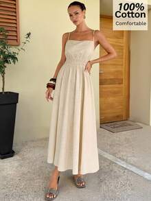Siren Gaze Women's Long Cotton Dress, Spring/Summer - Apricot - View 4