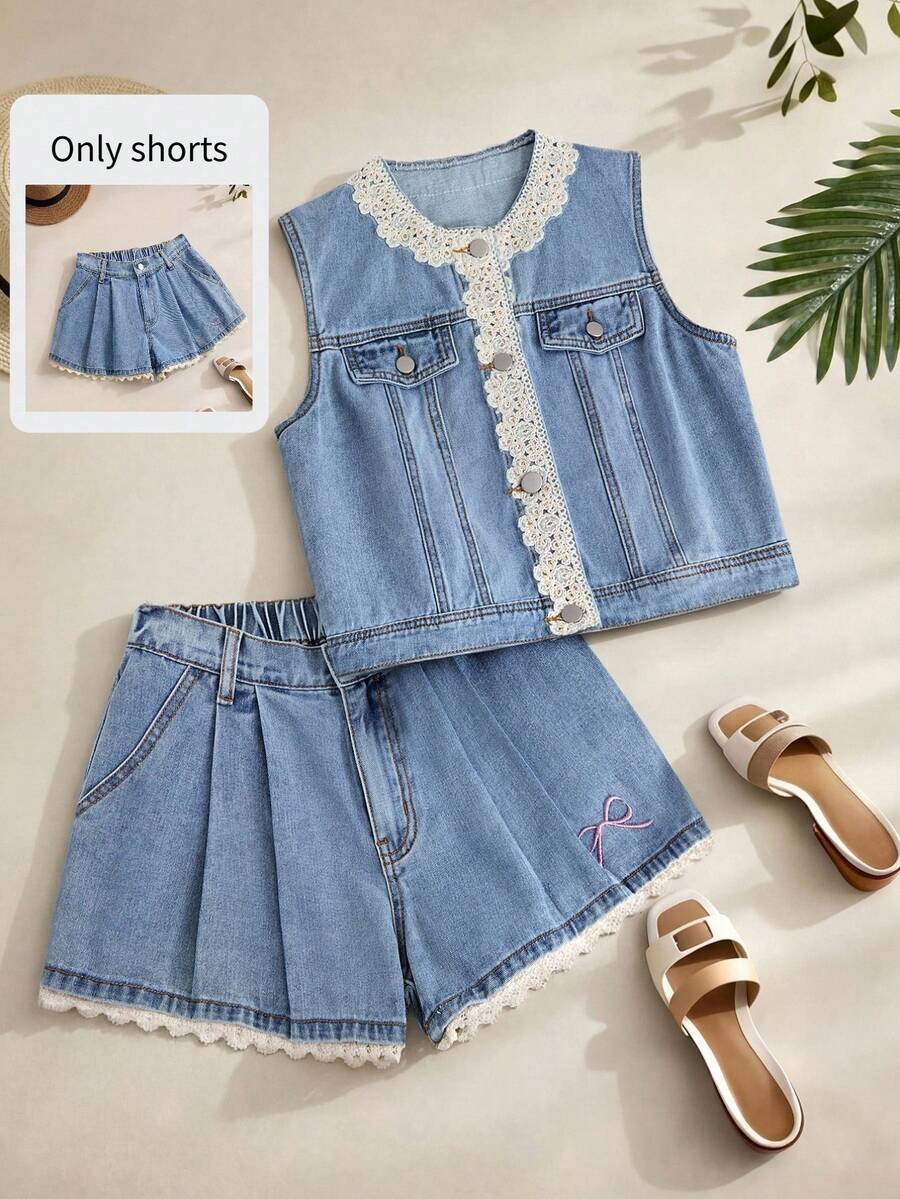 GlowEve Shorts vaqueros de mujer de verano informales con bolsillos en diagonal, plisados y doblados - Azul - Ver 1