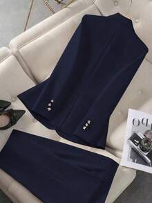 Bộ đồ công sở ôm sát màu trơn phong cách Pháp tối giản không đối xứng có khóa trang trí cho nữ - Màu xanh hải quân - Xem 2