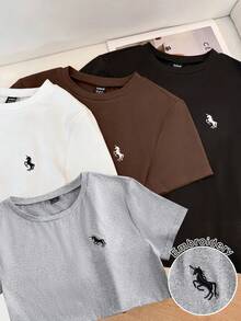 SHEIN CURVE+ 大码女式春夏复古独角兽刺绣圆领短袖休闲百搭通勤常规版型多色T恤，修身舒适打底衫 - 彩色 - 查看 3