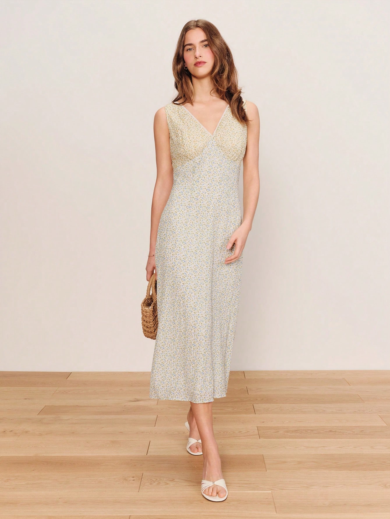 Two-Tone Yellow And Green Floral Print Sleeveless Midi Dress With Tie Back For Spring Summer French Style Parisian Style Vintage Flower Dress Vacation Dress Summer Holiday Dress Graduation Dress Floral Print Dress Elegant Dress Women's Floral Dress Summer Dress