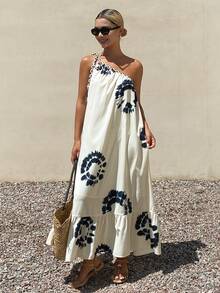 Livesso Vestido sin mangas con cuello asimétrico y estampado total floral para mujeres, vestidos de verano para mujeres - Beis - Ver 6