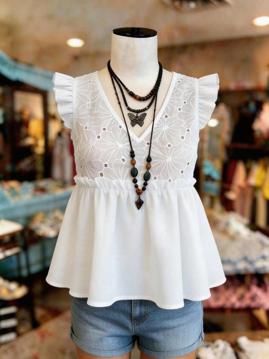 LanaWest Bluză casual pentru femei, cu broderie florală, mânecă scurtă, dantela, top alb, stil boho, top alb cu ochiuri, top alb de vară, topuri babydoll albe, maieuri pentru femei, top alb pentru femei, topuri și bluze pentru femei, maieuri pentru femei, bluze de lucru de vară, topuri drăguțe de vară, topuri de boutique pentru femei, cele mai recente topuri pentru femei, noutăți, topuri pentru femei, topuri casual de vară, topuri elegante pentru femei. - alb - Vizualizare 1