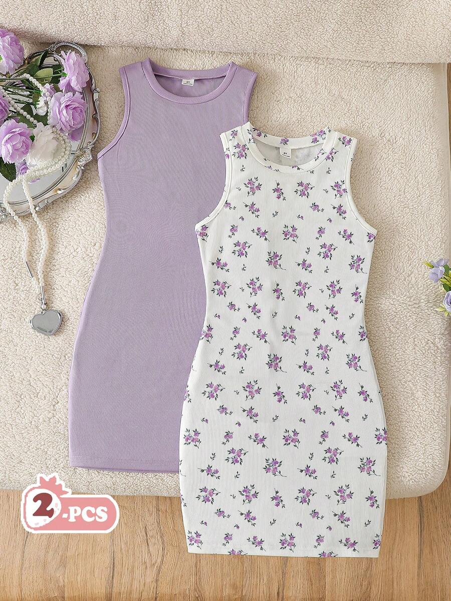 Vintaside Kids 2 piezas Vestido casual sin mangas de Body con bloqueo de color y estampado de mariposa para niñas, verano - Morado - Ver 1